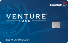 a blue credit card with white text